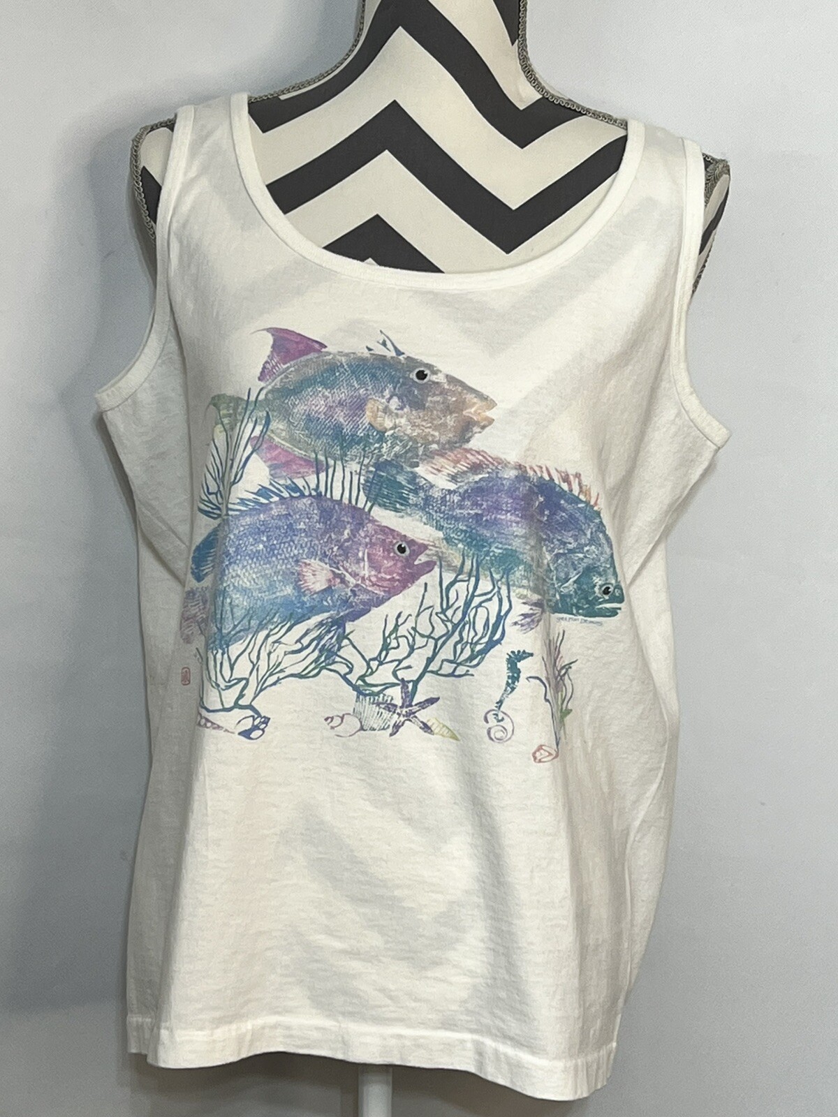 Vintage Anvil Shirt Women Large Tank Fish Ocean Single Stitch Sleeveless 90s