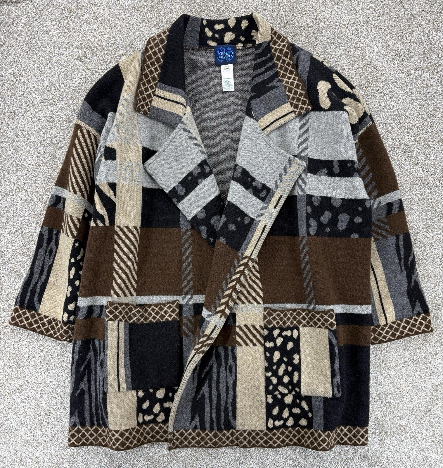 Vintage Kenzo Jeans Open Front Knit Coatigan Women&rsquo;s M Brown 90s Patchwork Print