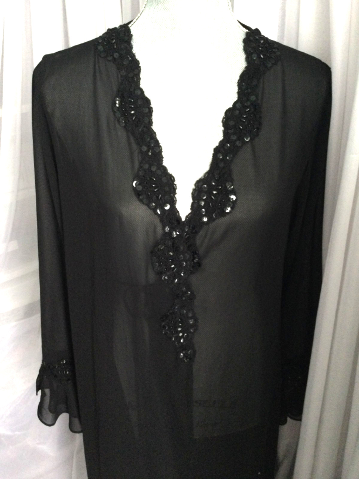Lucie Ann Robe Vintage Embellished Sheer Black Long Peignoir Negligee Lingerie L