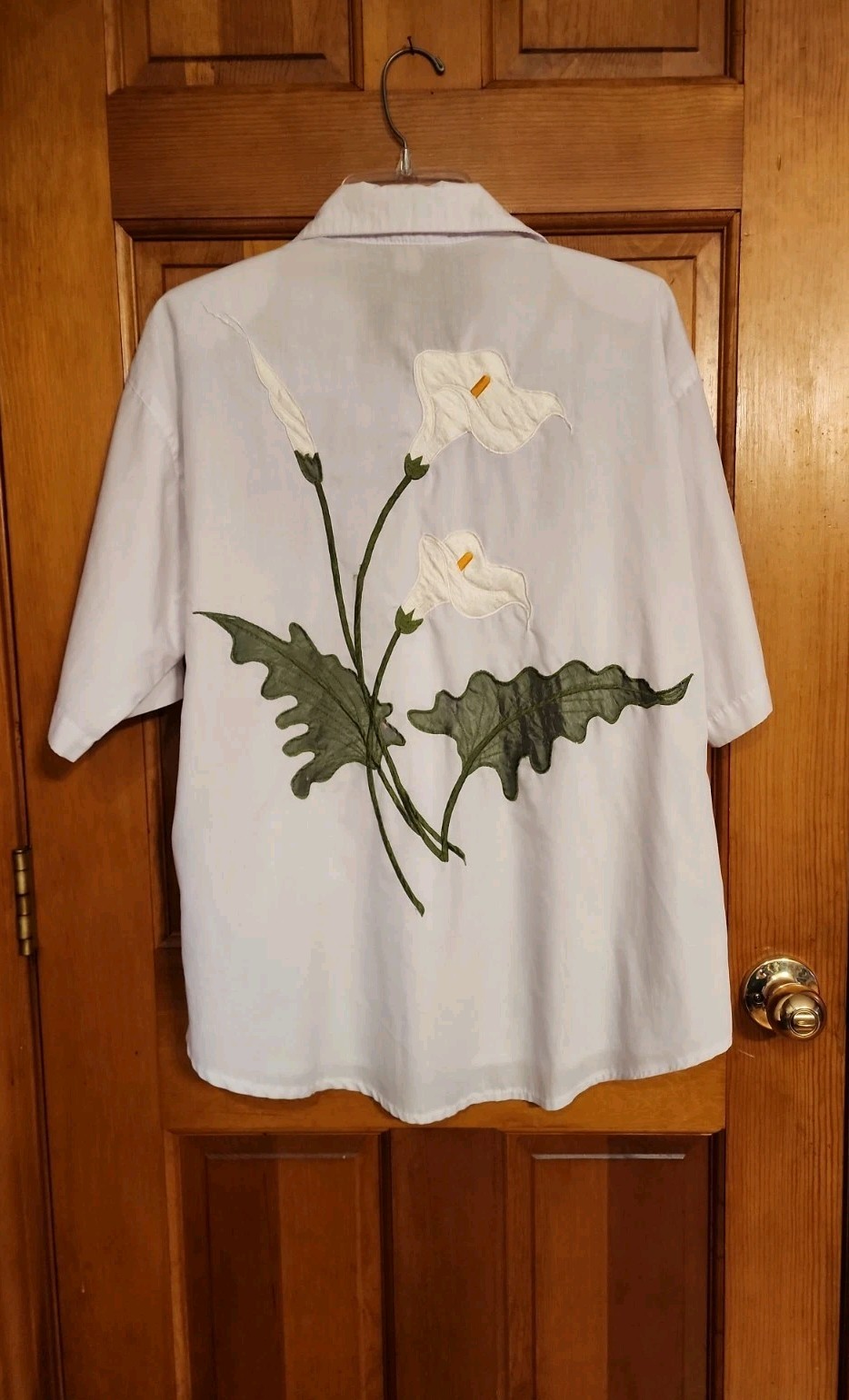 Vtg 80s White Cotton Blouse Short Sleeve Calla Lily Embroidered Shoulder Pads L