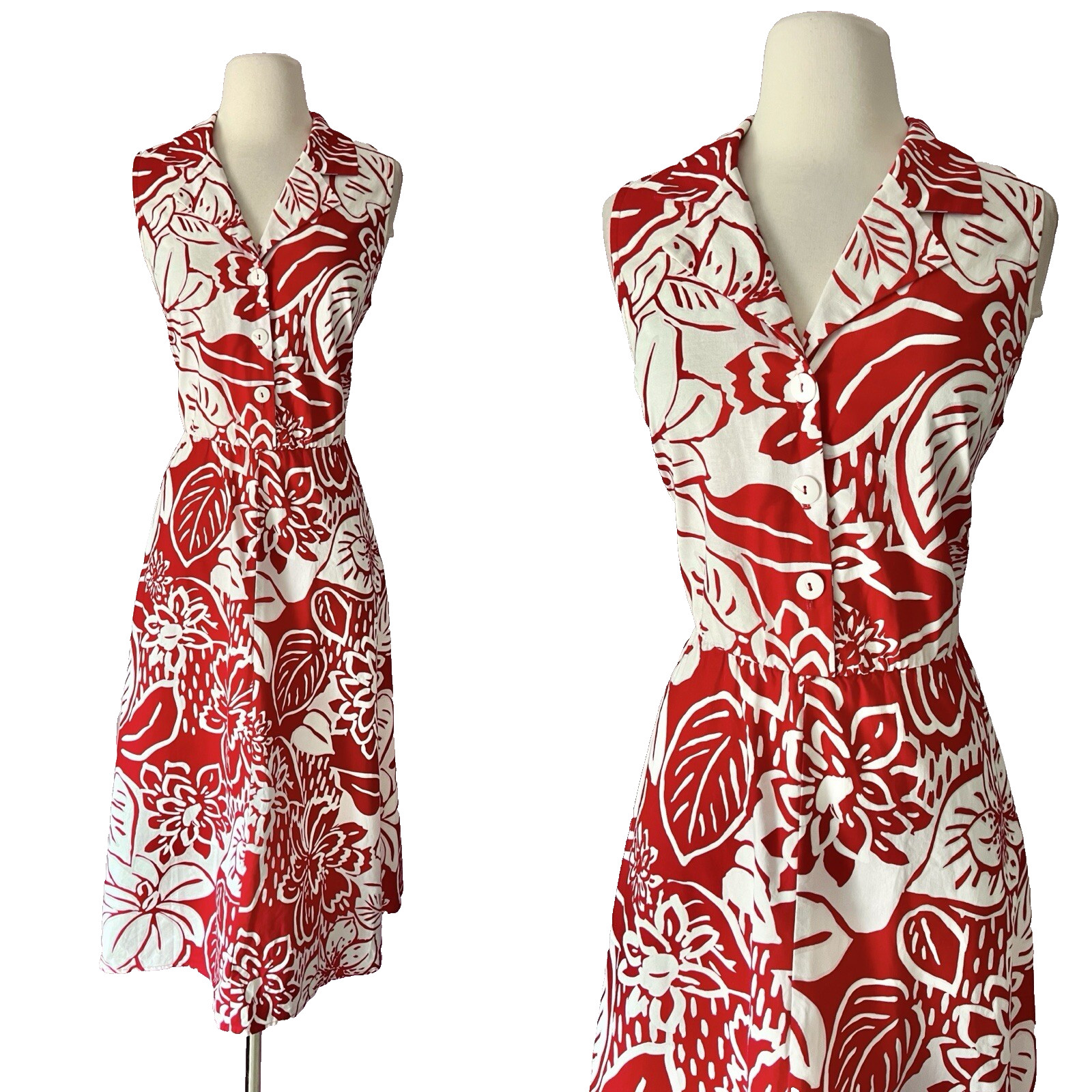 Vintage Miss Dorby Dress Size 8 Red White Floral Long Tank Collar Tea Party 90s