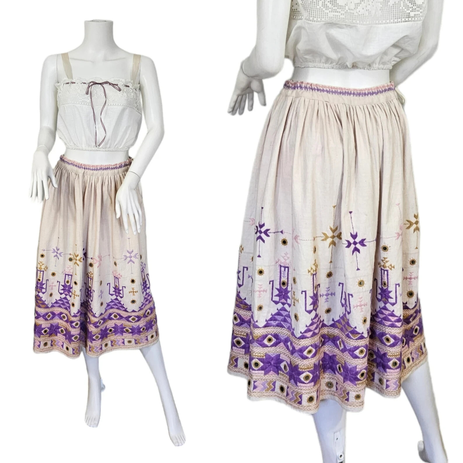 Vintage1970&rsquo;s Taraliya Homespun Ivory Cotton Lavender Embroidered Mirrored Skirt