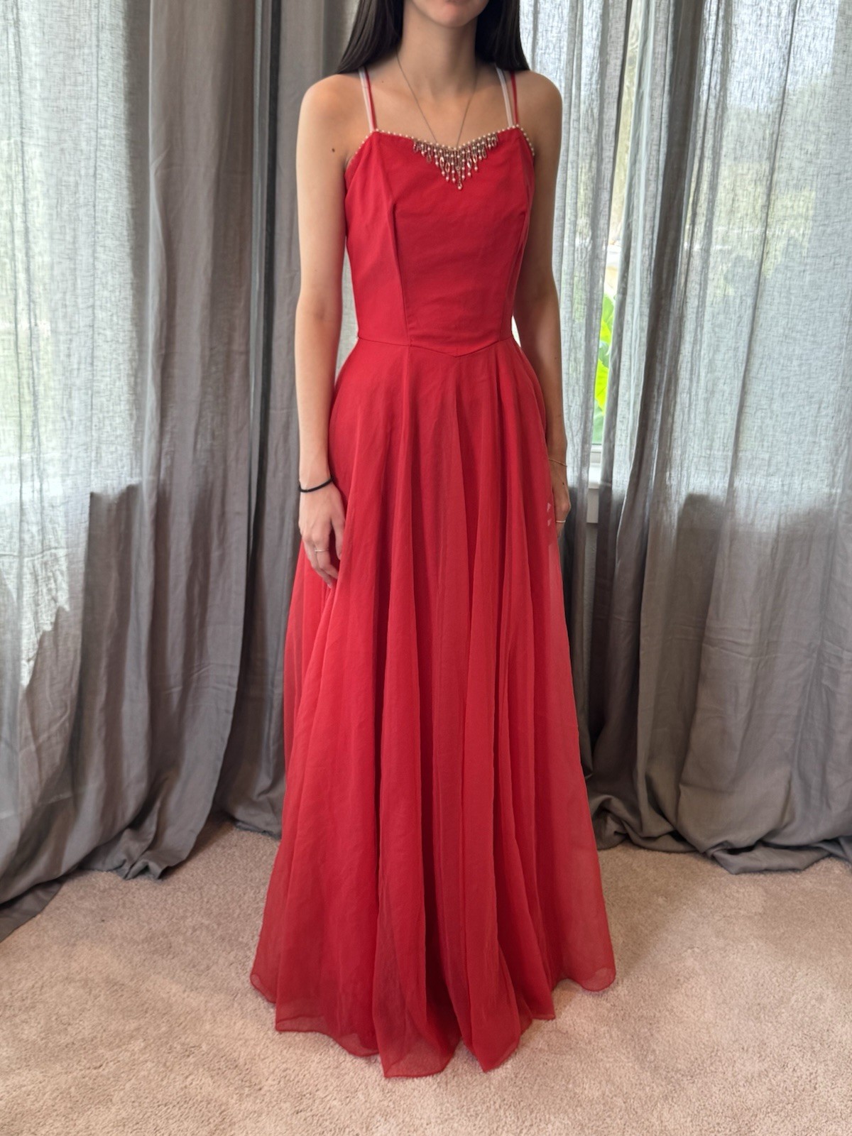 60s Vintage Bright Pink Spaghetti Strap Evening Gown With Chiffon Overlay Size S