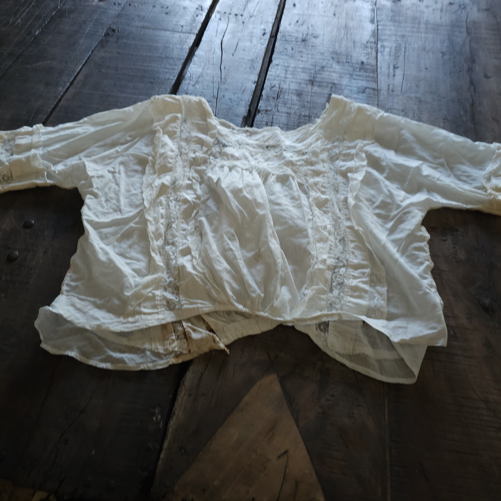 White Lace & Cotton Blouse w/ Floral Embroidery Antique 1910s Edwardian Shirt