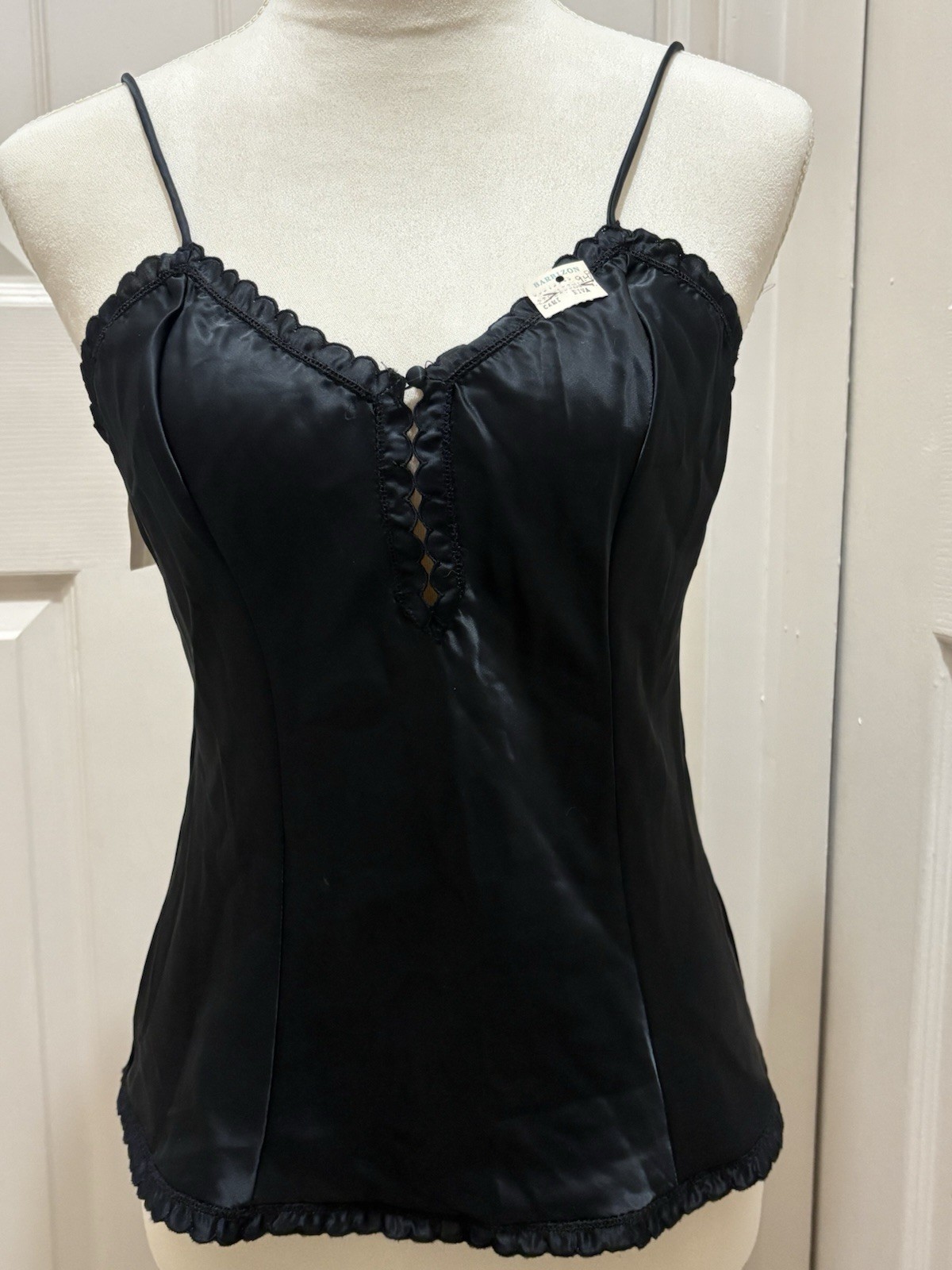 BARBIZON * S * Black Vintage Satin Remarque Cami Camisole Riva Spaghetti Strap