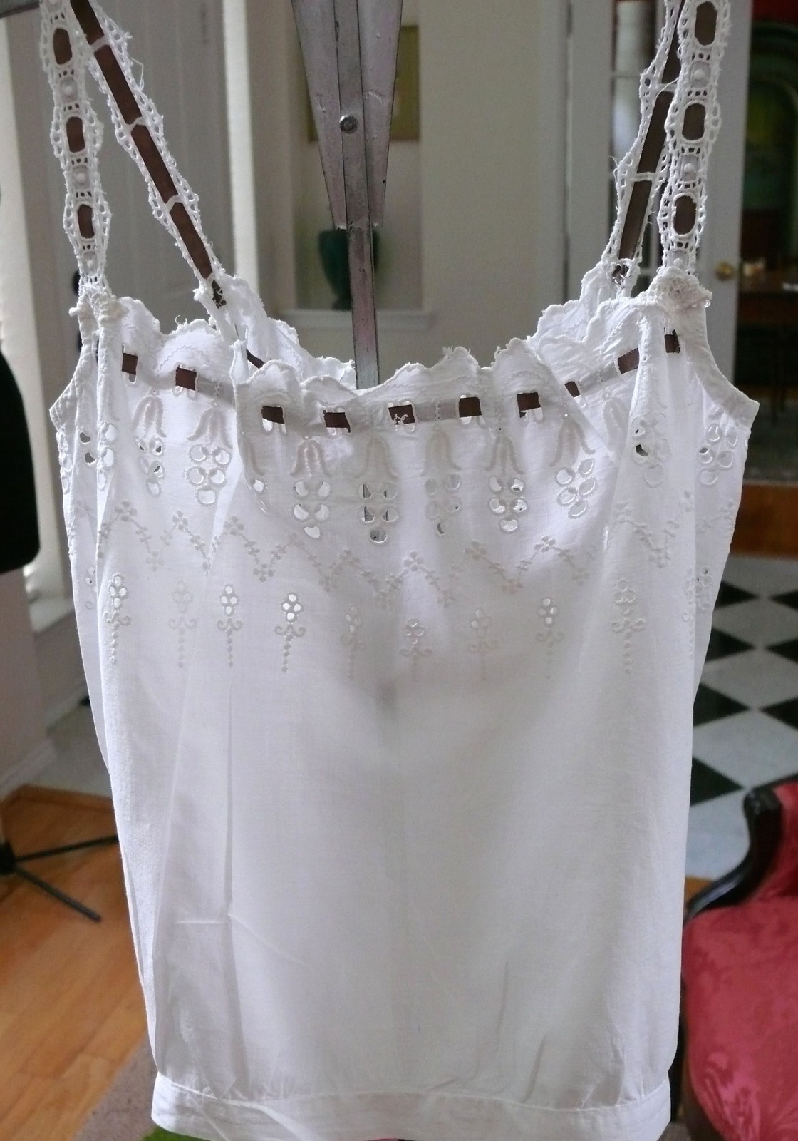 1890`s White Antique Corset Cover Camisole Chemise Cotton Eyelet for Youth XXS