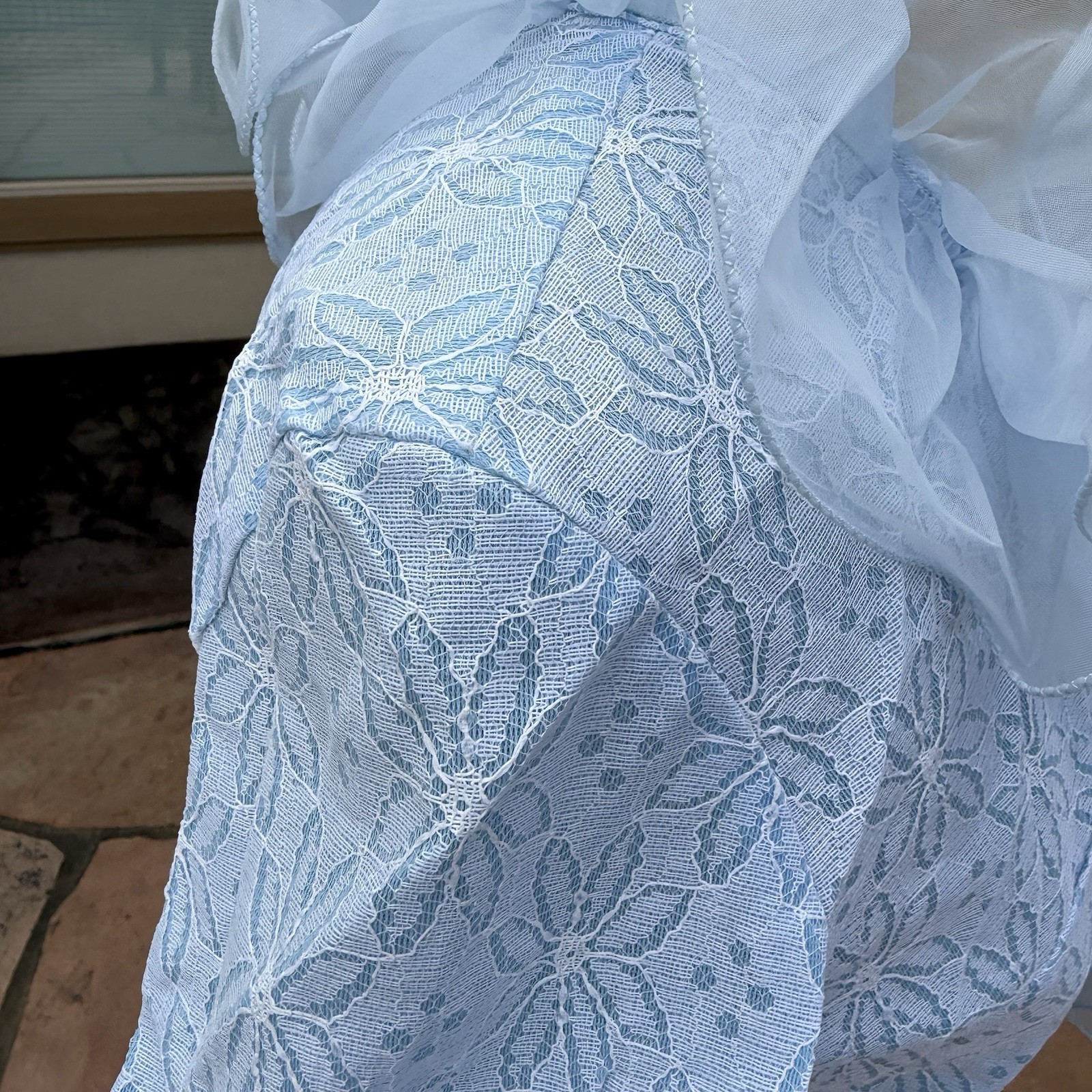 Vtg 70s Powder Blue Lace Eyelet Tuxedo Blouse Dramatic Ruffle Blouse see pics