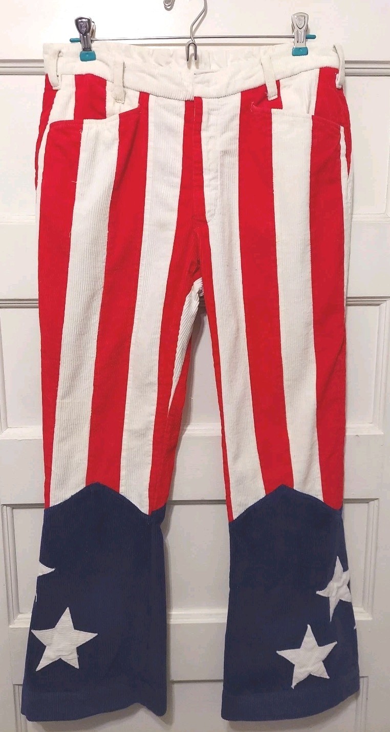 Vtg Morning Stars 32&Prime;x27&Prime; American Flag Design Corduroy Bell Bottom Pants