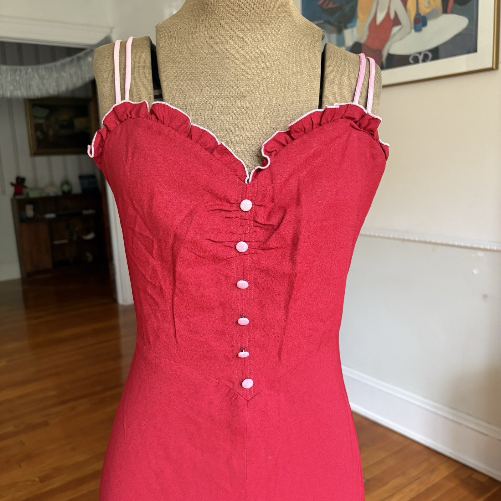 Vintage 1970s Foxy Lady Red Maxi Dress Women’s Ruffled Gown Acetate Nylon Blend