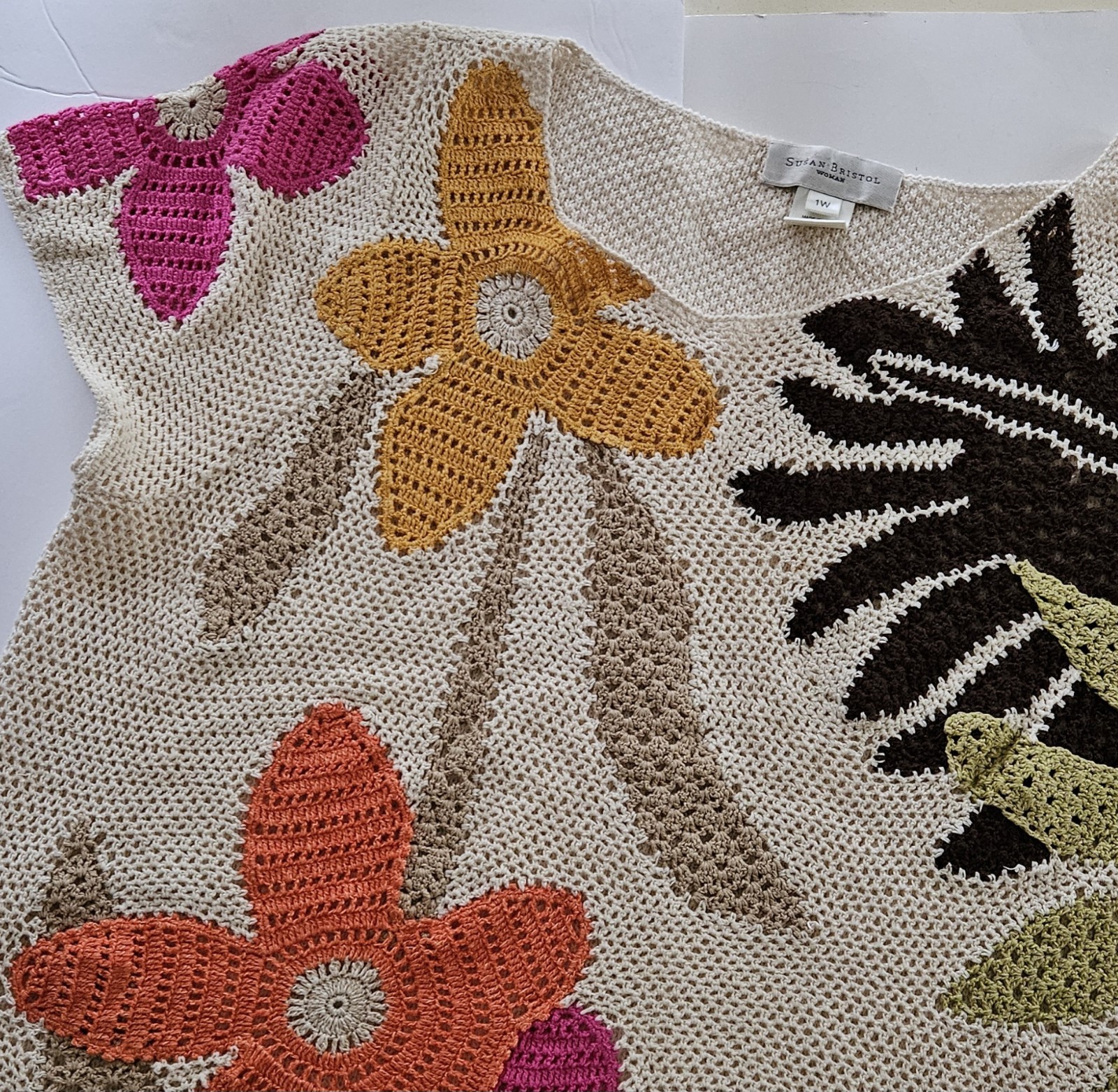 Vtg Womens Susan Bristol Crochet Flower Linen Cotton Knit Top 1X Hand Knit