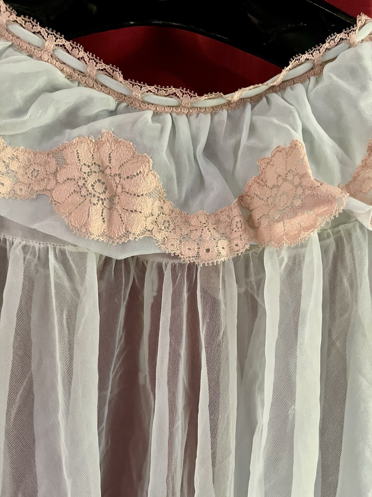 Lisette Medium Light Blue Sheer Chiffon Peignoir Baby Doll Robe Beige Lace Trim