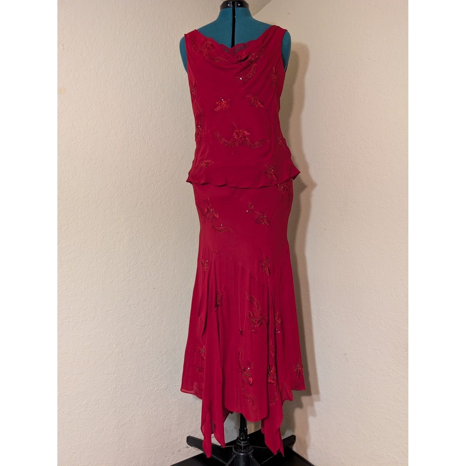 I.C.E. Vintage Rare Red 100% Silk Beaded 2 Piece Skirt Set Fairycore M