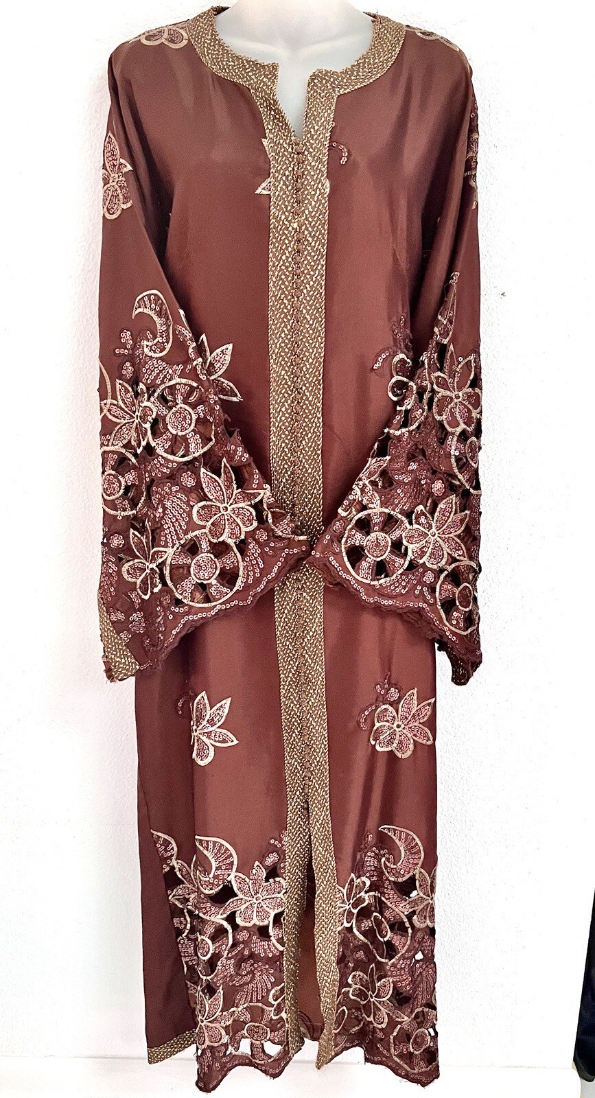 VINTAGE*MOROCCAN LONG BRONZE /SEQUIN djellaba*CAFTAN GOWN DRESS~M/L