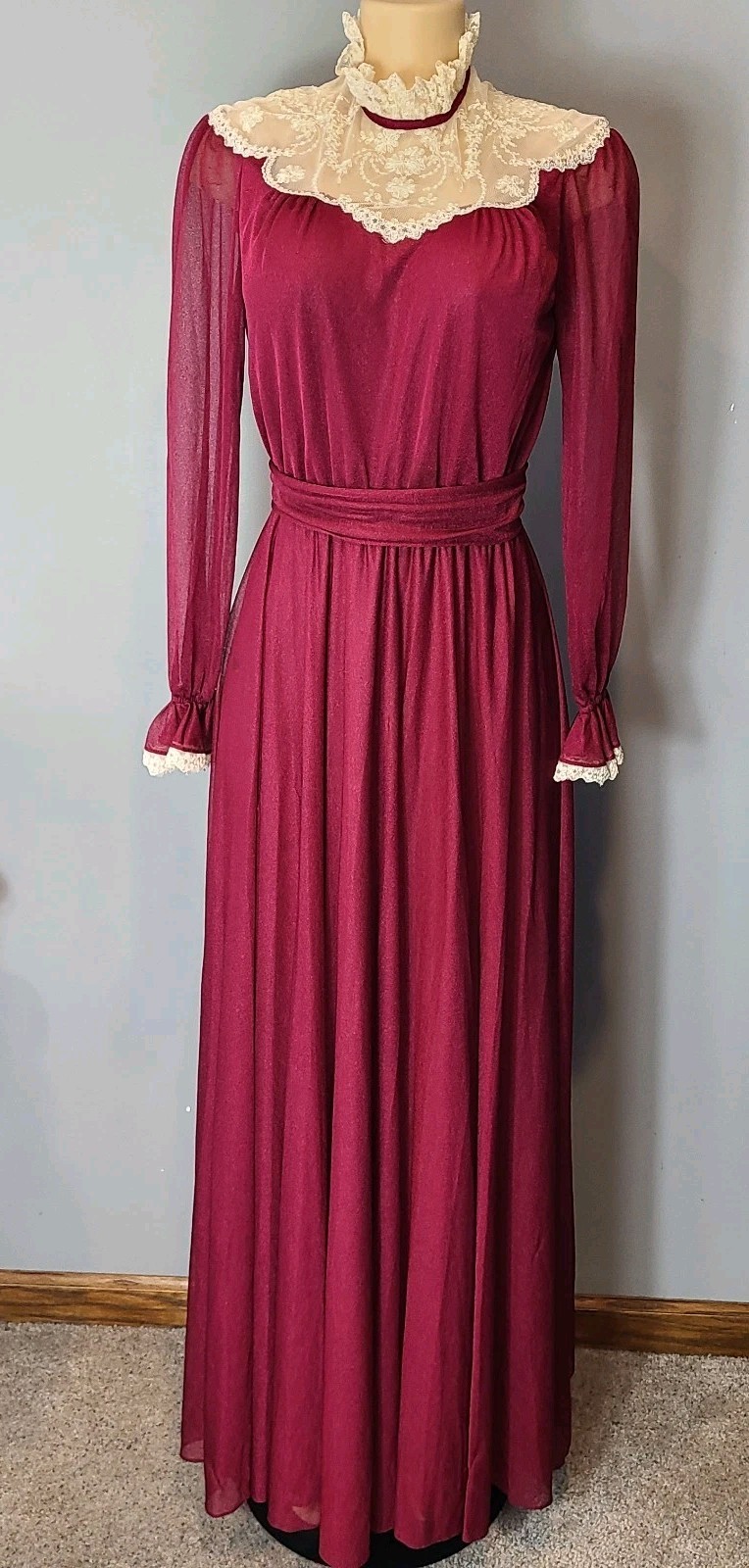 Vtg 70s Victorian Dress Sz Small Burgundy Lace Flare Sleeve Fairy Bridgerton