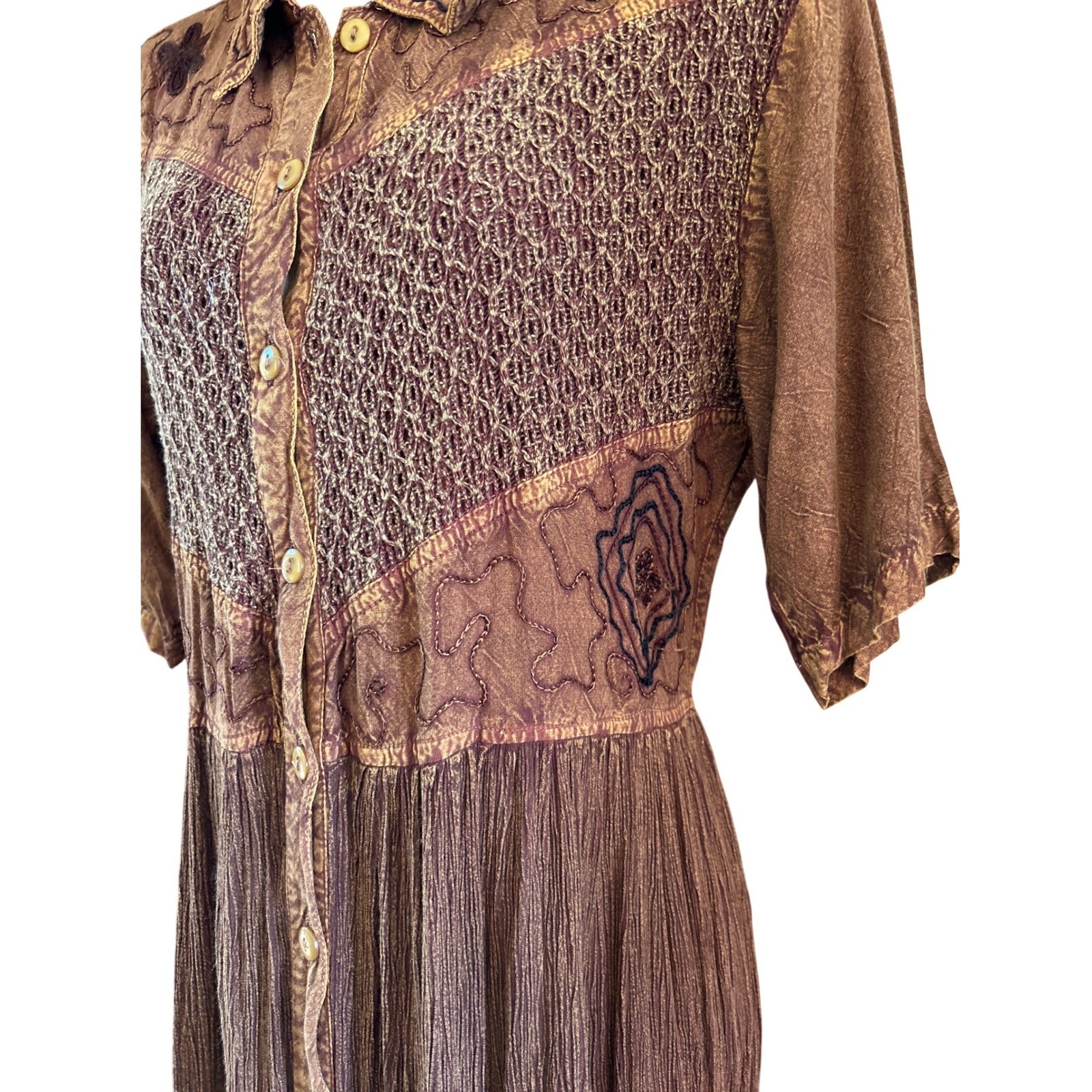 90s M.P.H. Maxi Dress Bohemian Western Earthy Brown Embroidered Button Front L