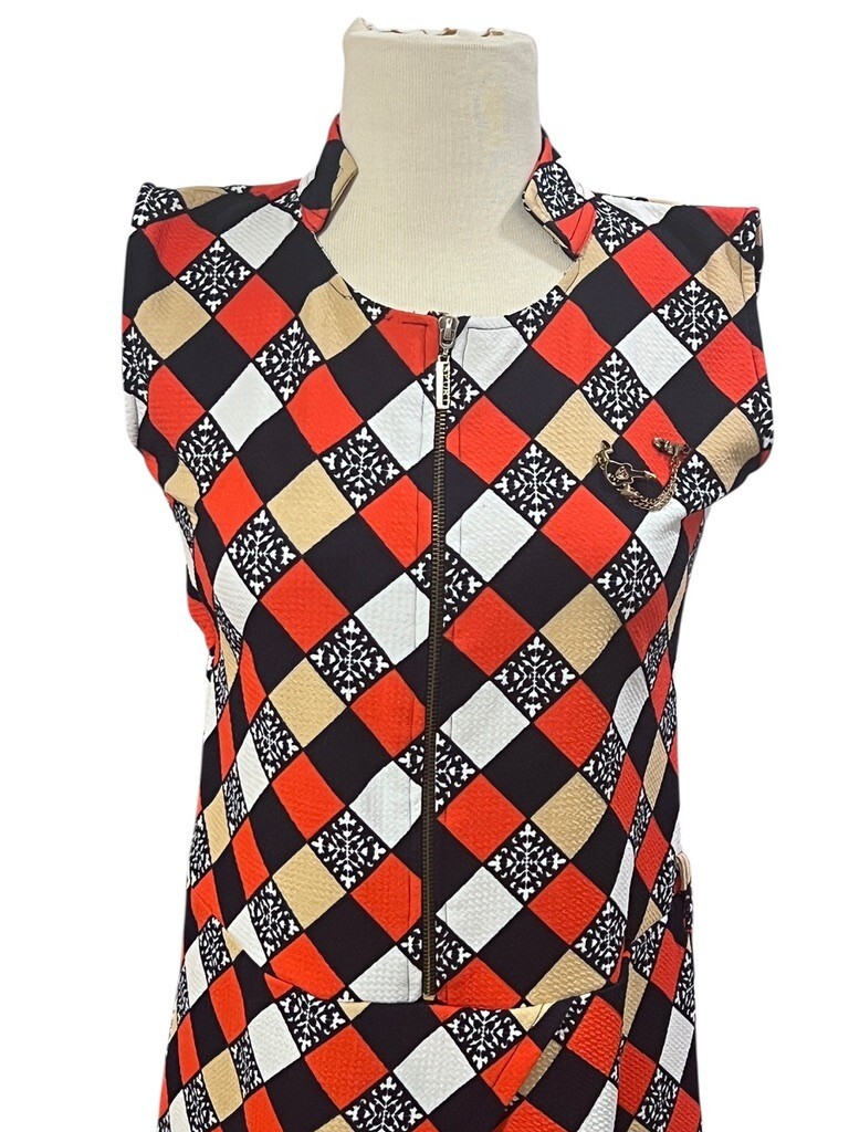 Vtg 70s Blue Orange White Motif Diamond Print Sleeveless Maxi Dress Groovy Cat