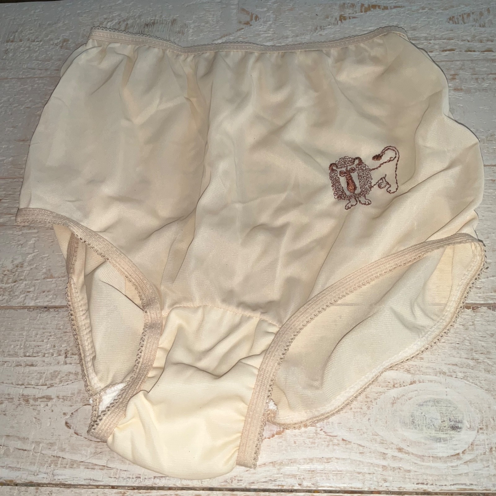 VTG Sears BEIGE NYLON NWOT SZ. 5 GRANNY MADE IN USA W/HAND EMBROIDERED LION