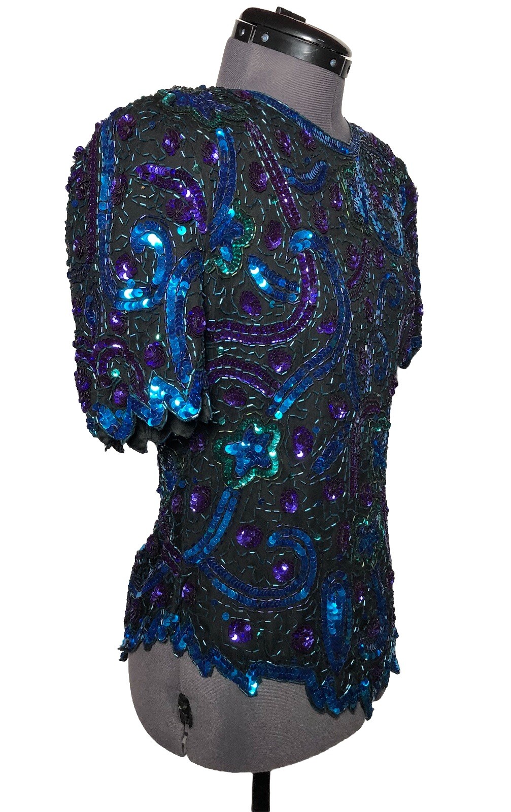 VTG 80s Lawrence Kazar Beaded Sequins Evening Wear Party Blue Top NWT B-37 L