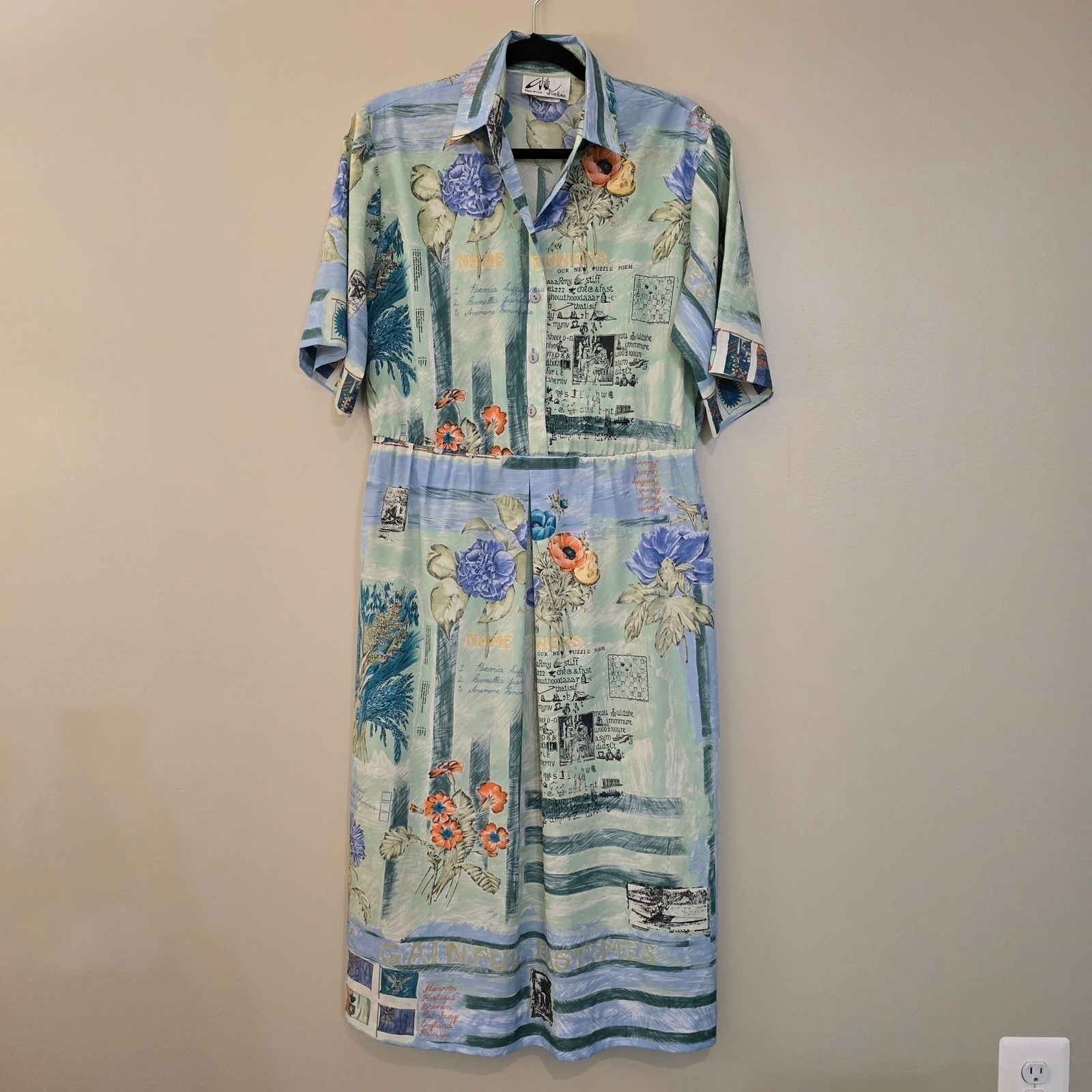 Willi of California Vintage Novelty Print Maxi Dress Blue Green Botanical Size 8