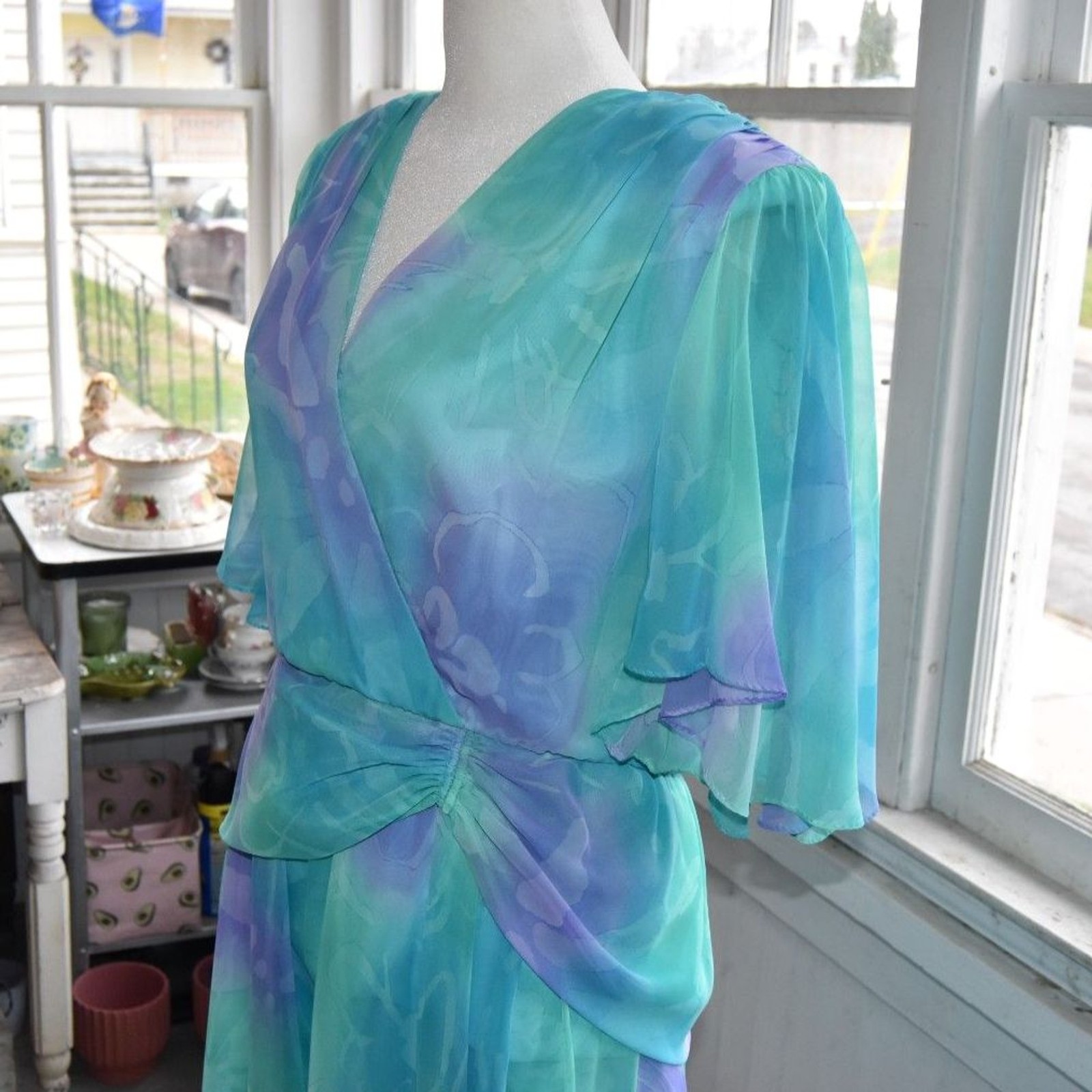Vintage 70s 80s Aqua Lavender Chiffon Wrap Formal Gown Dress Size 14