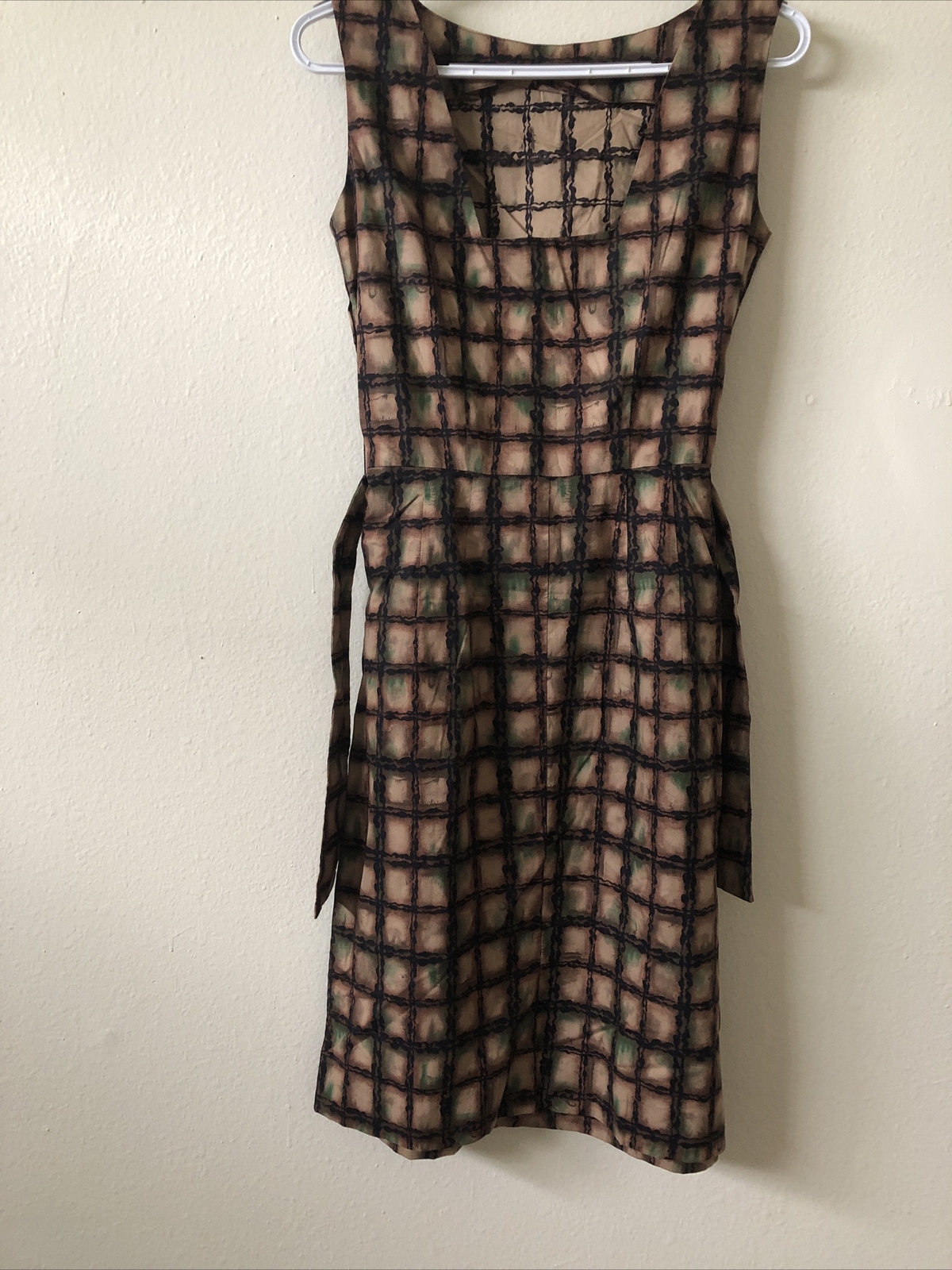 VTG 1950s 3pc Cotton Dress Set Brown Green Black Print Size S/M New Old Stock