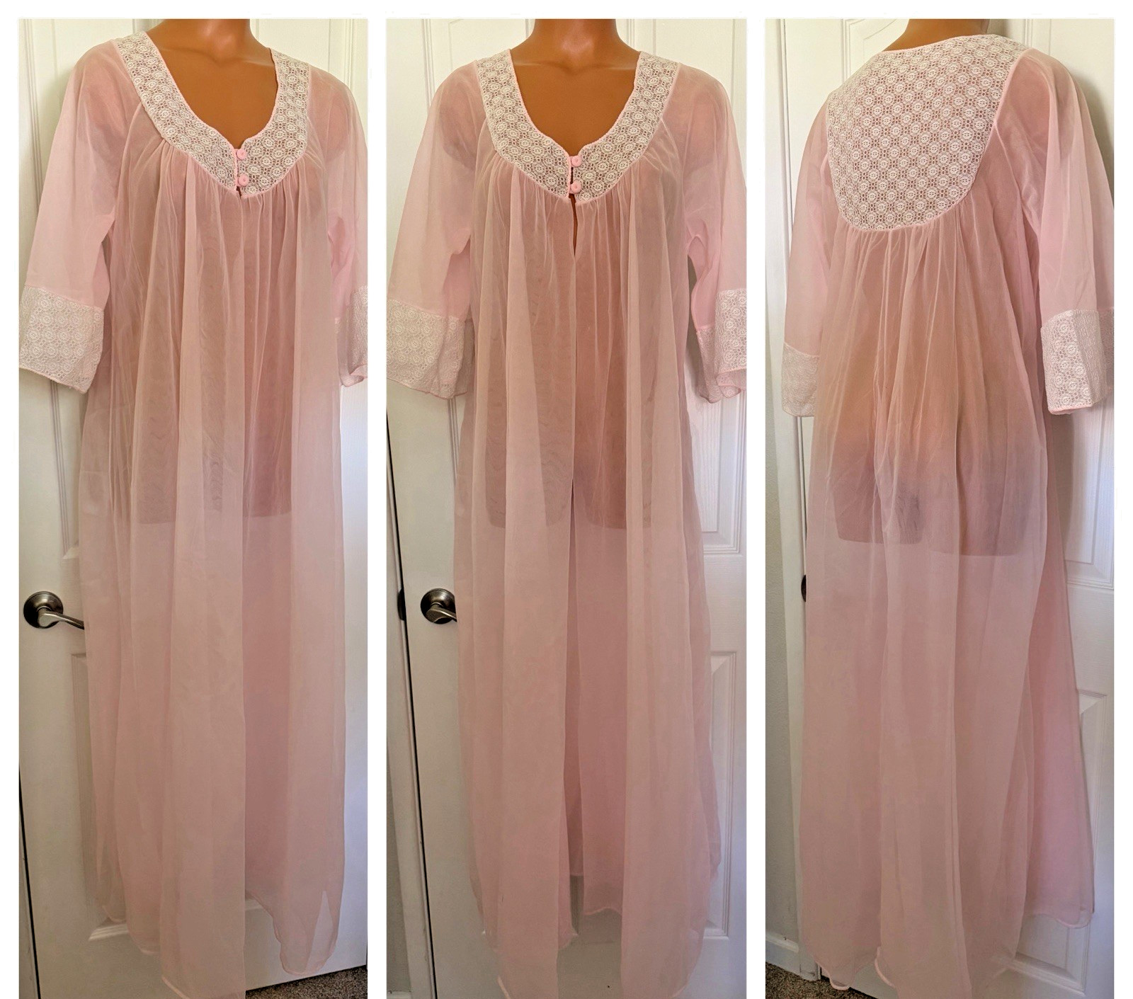 VTG 60&rsquo;s CHIC LINGERIE PINK DOUBLE CHIFFON W/ WIDE LACE TRIM BOUDOIR ROBE SZ L