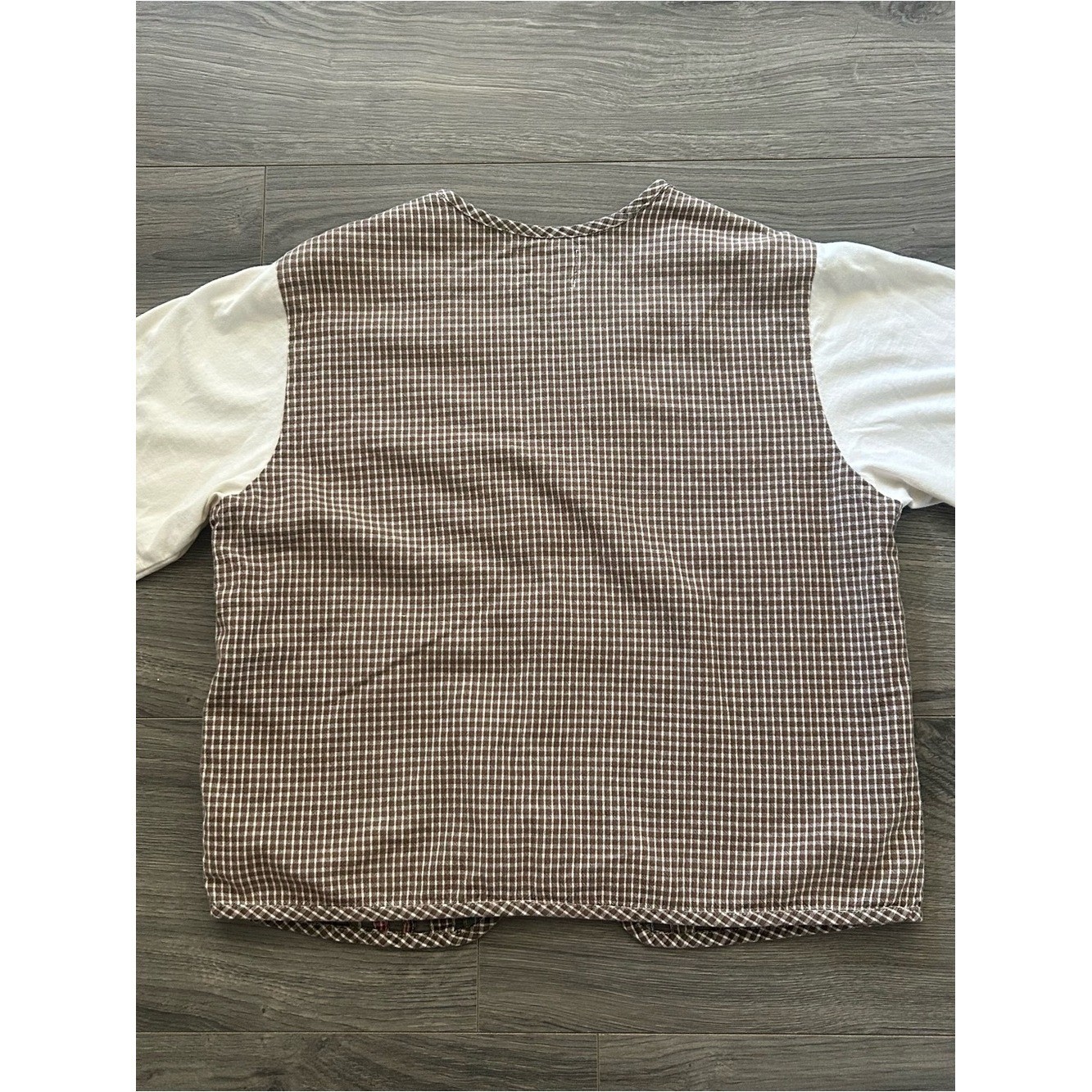 Vintage Cottagecore Quilted Plaid Button Front Vest in Cream, Brown & Red