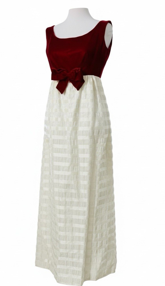 Vintage Lorrie Deb Velvet Taffeta Maxi Dress 50s Empire Waist Size 11 Red White