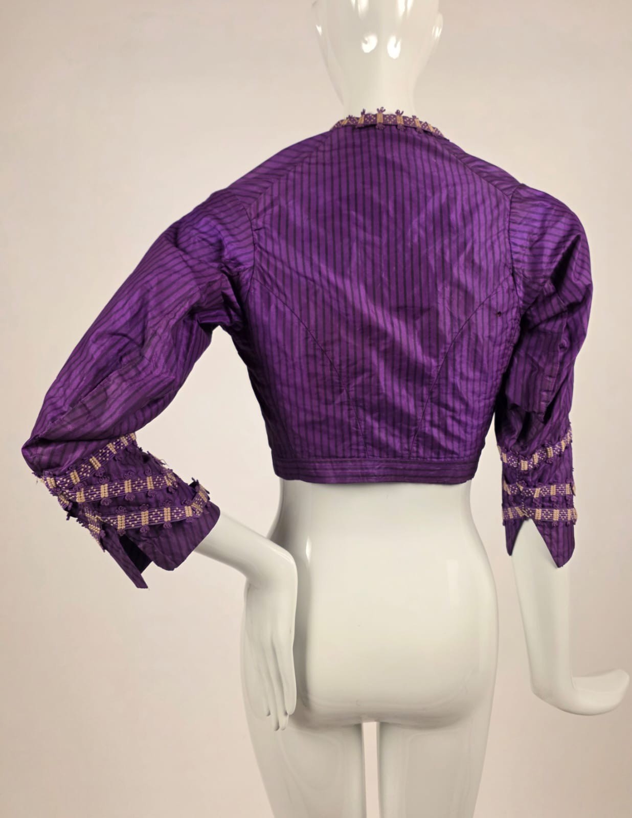 VICTORIAN PINSTRIPED PURPLE SILK TAFFETA BODICE W BRAID + BEADED BUTTONS