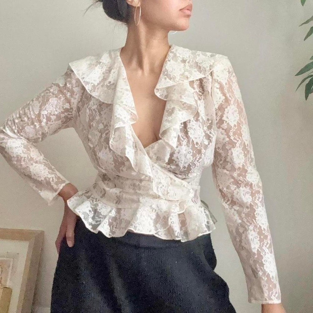 Vintage white lace blouse small ruffle sheer wrap peplum union long sleeve