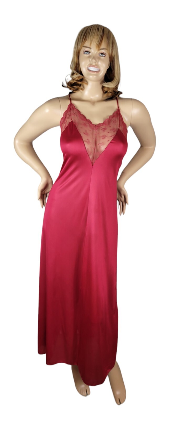 Vtg 1960&rsquo;s Texsheen Sheer Sleeveless Lace Lingerie Nightgown Medium Burgundy Red