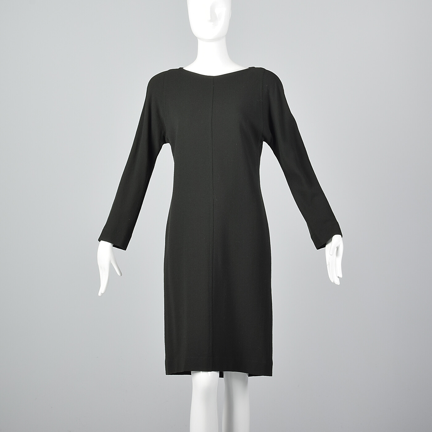 S Jean Muir Simple Winter Dress Dark Green Wool Shift Modest Wear to Work 1980s