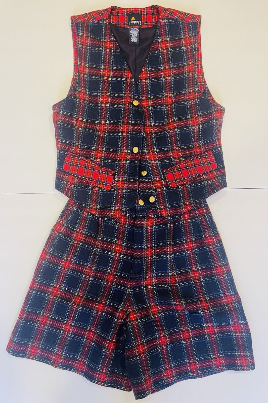 Vintage 1980&rsquo;s LizSport Plaid Vest and Shorts | Wool blend | Womens Size 2