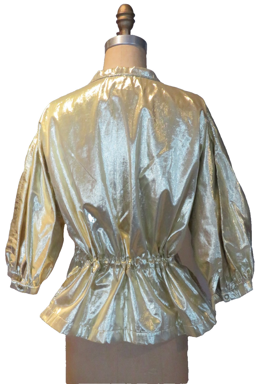 Gold Lame’ Light Jacket S/M Puffed Sleeve Gathered waist Christine Albers Vtg