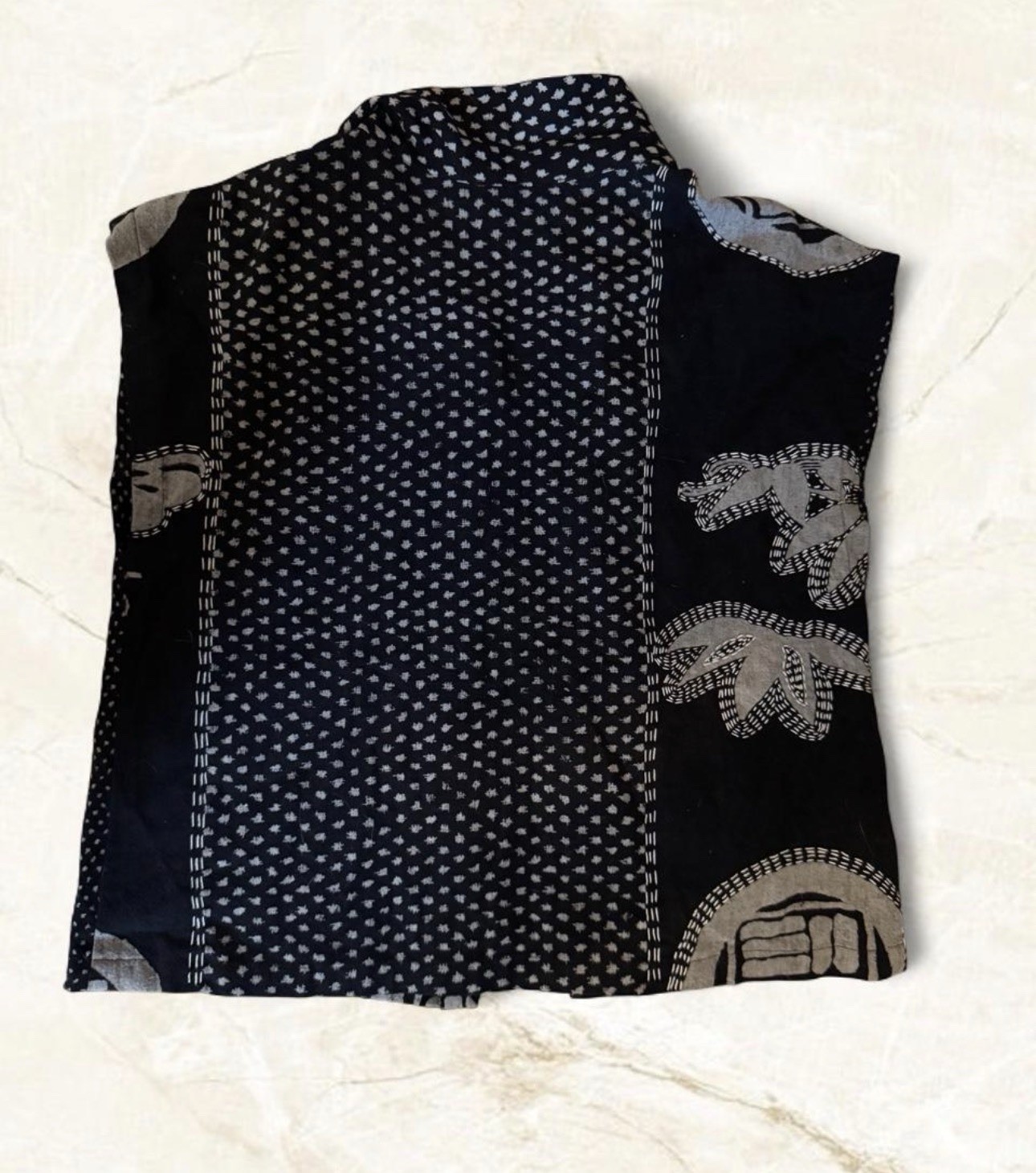 Boho Pink Cupcake Tag Black Asian Patchwork Art to Wear One Button Vest Sz L