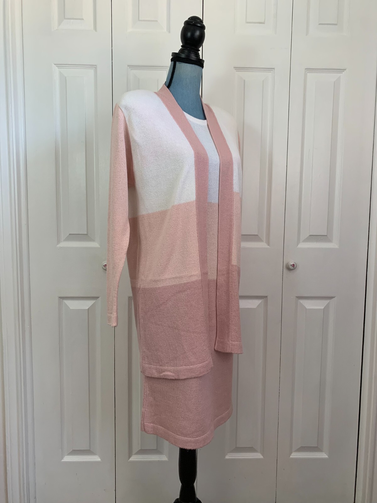 Vintage 1990&rsquo;s Ami Knit Dress Jacket Set Sweater Pink White Knee Length Size 4