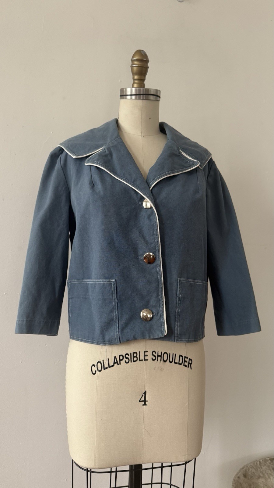1950s Sailor Collar Cropped Jacket Dusty Blue Rayon Faille Nautical Sportswear