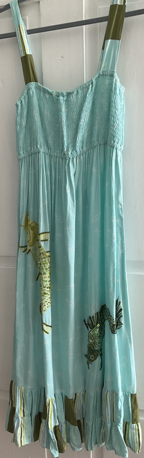 80s Vintage Artisan Sundress By Usindo, Indonesia, M, Green/Blue, Sequin Details