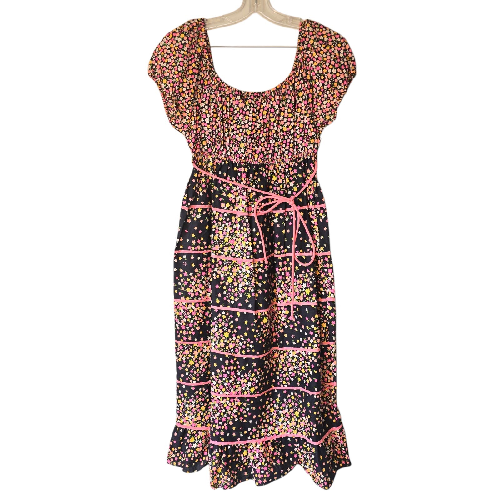 Vintage 70&rsquo;s Flair Lingerie Night Dress Size Medium Puffy Sleaves Bright Floral