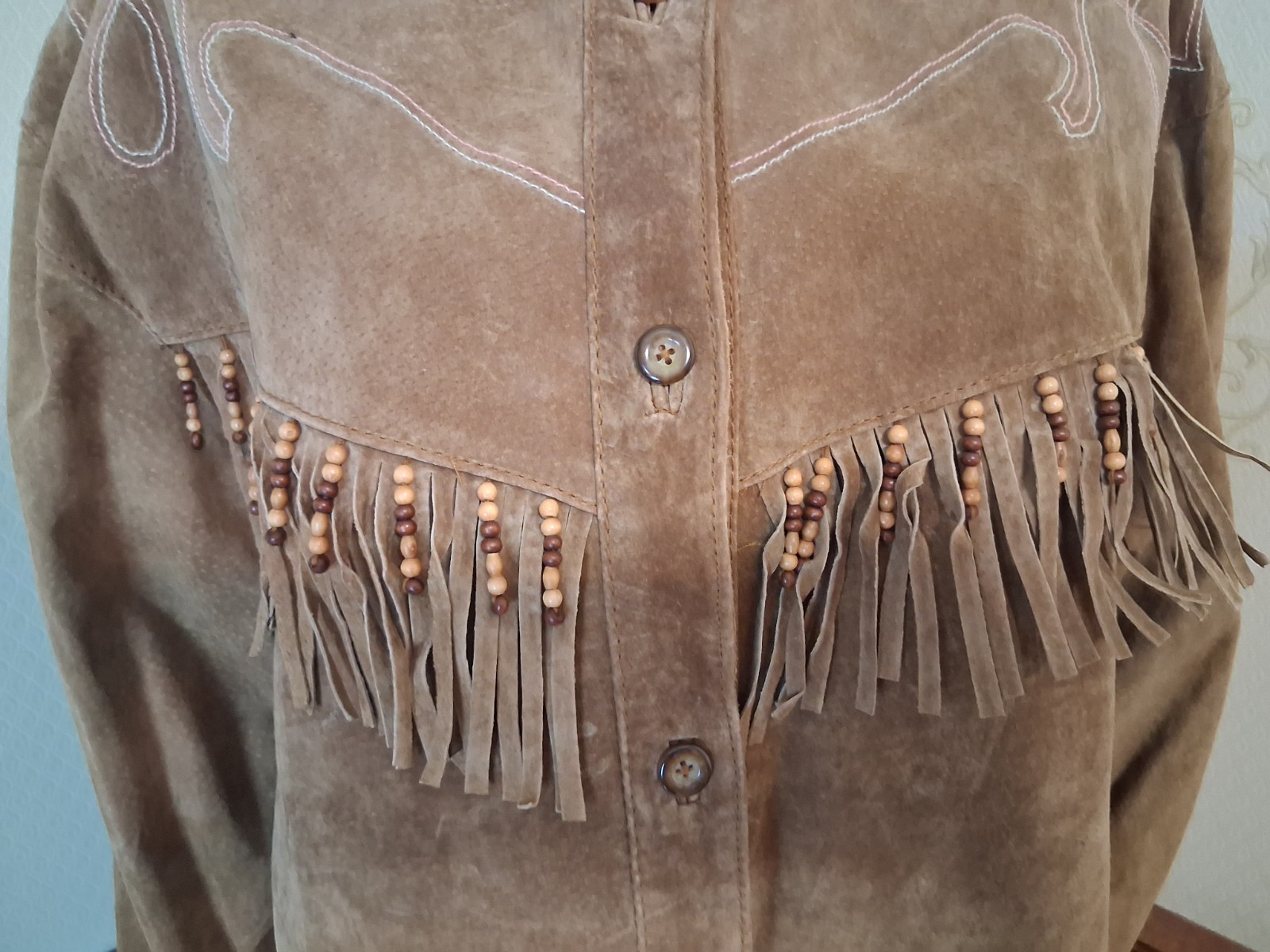 Vintage 1990s Comint Brown Suede Fringed Beaded Hippie Western Grunge Coat