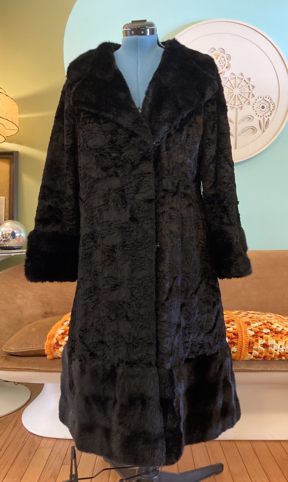 Vintage MCM Black Faux Fur Midi Coat Jacket Made In England Fits Large/Xl