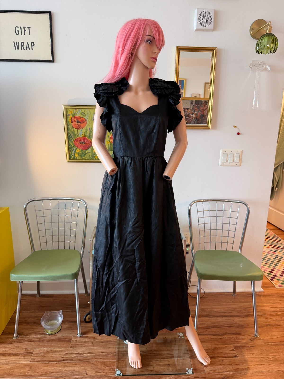 🦇 Vtg 80s Black Ruffle Shoulder Maxi Dress Goth Avant Garde Victorian Party S M