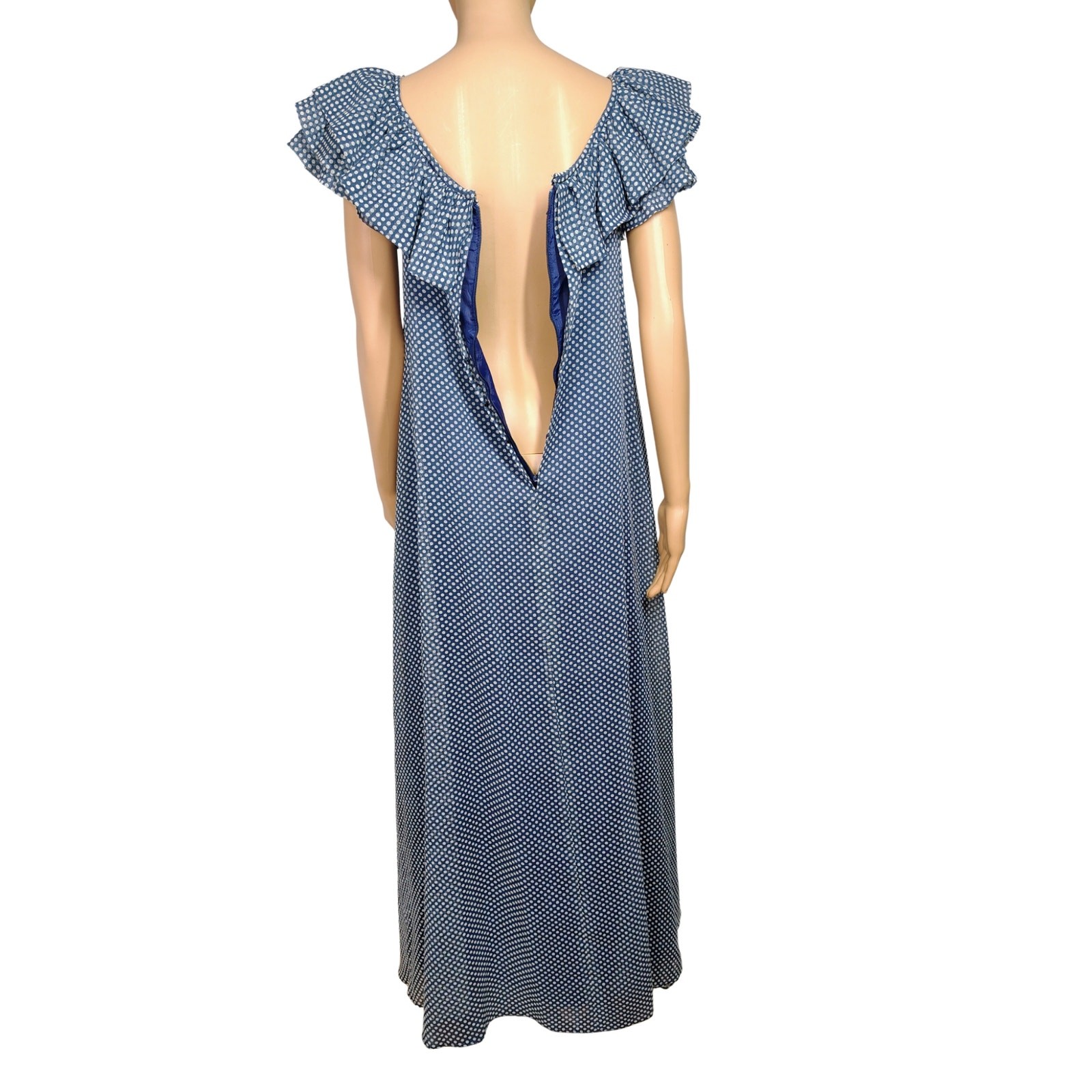 70s Joseph Magnin Blue Polka Dot Evening Gown Maxi Ruffled Neckline Dress Size 8