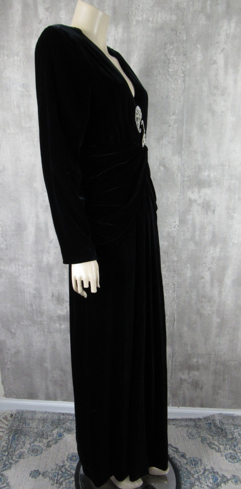 Vintage 80s does 40s Black Velvet Draped Gown Dress Rhinestones Dramatic Med M