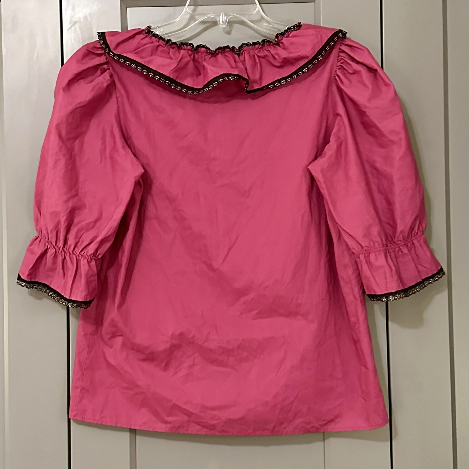 Vintage Malco Modes Puff Sleeve Top Size USA made Pink Lace Trim Squaredance S