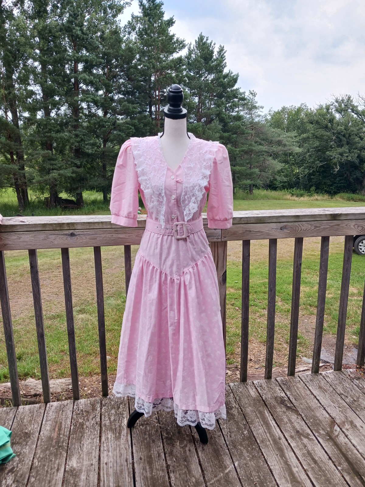 Vtg Joni Blair Pink White Floral Dress Lace Trim 70s/80s Prarie Maxi Womens Sz 7