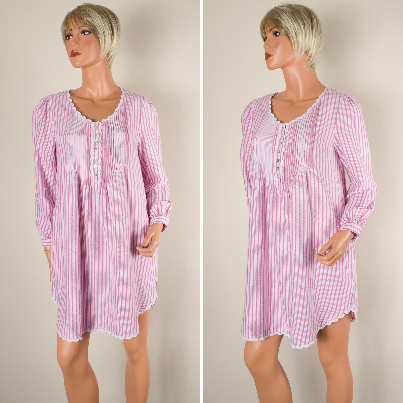 💖 EILEEN WEST Red Pin Striped Flannel Nightgown Long Sleeve Pockets Pintucks XS