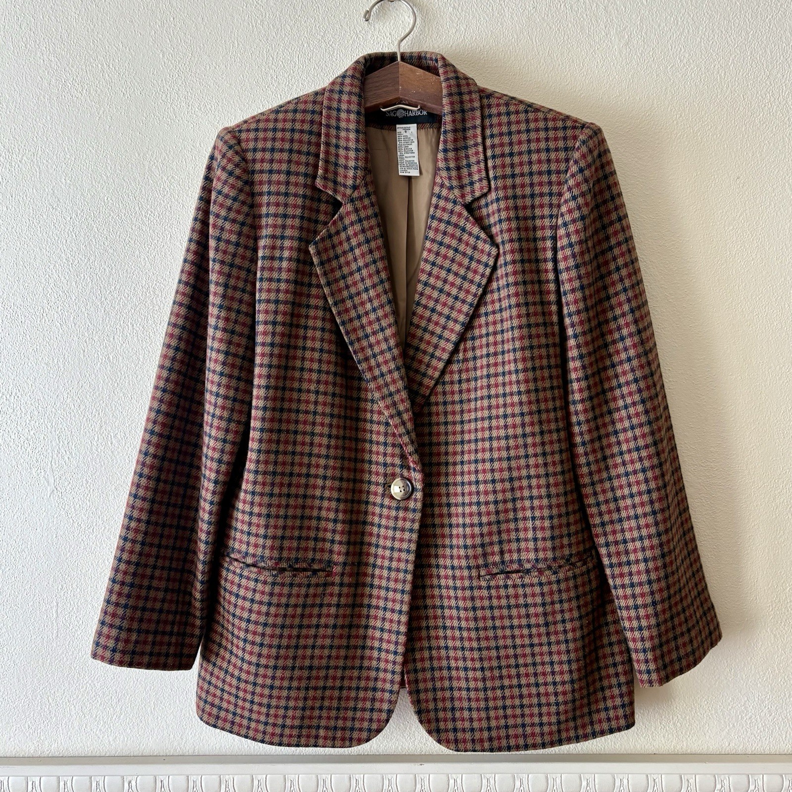Vintage Sag Harbor Blazer Wool Blend Women’s 8 Tan Red Houndstooth Jacket 90s