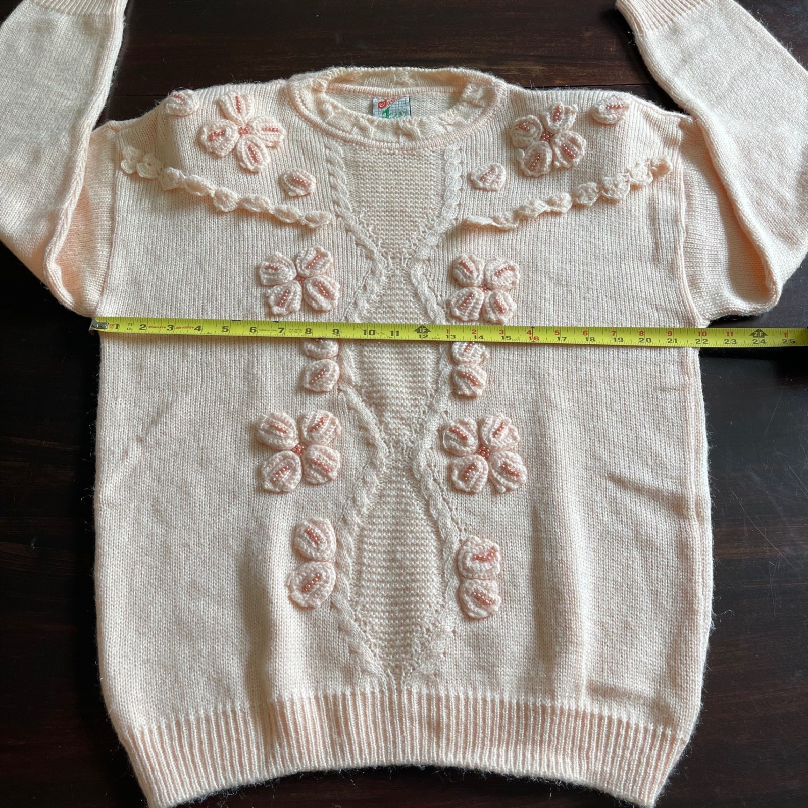 Fashion Ferza Vintage Peach Floral Beaded 3D Applique Knit Sweater Grannycore
