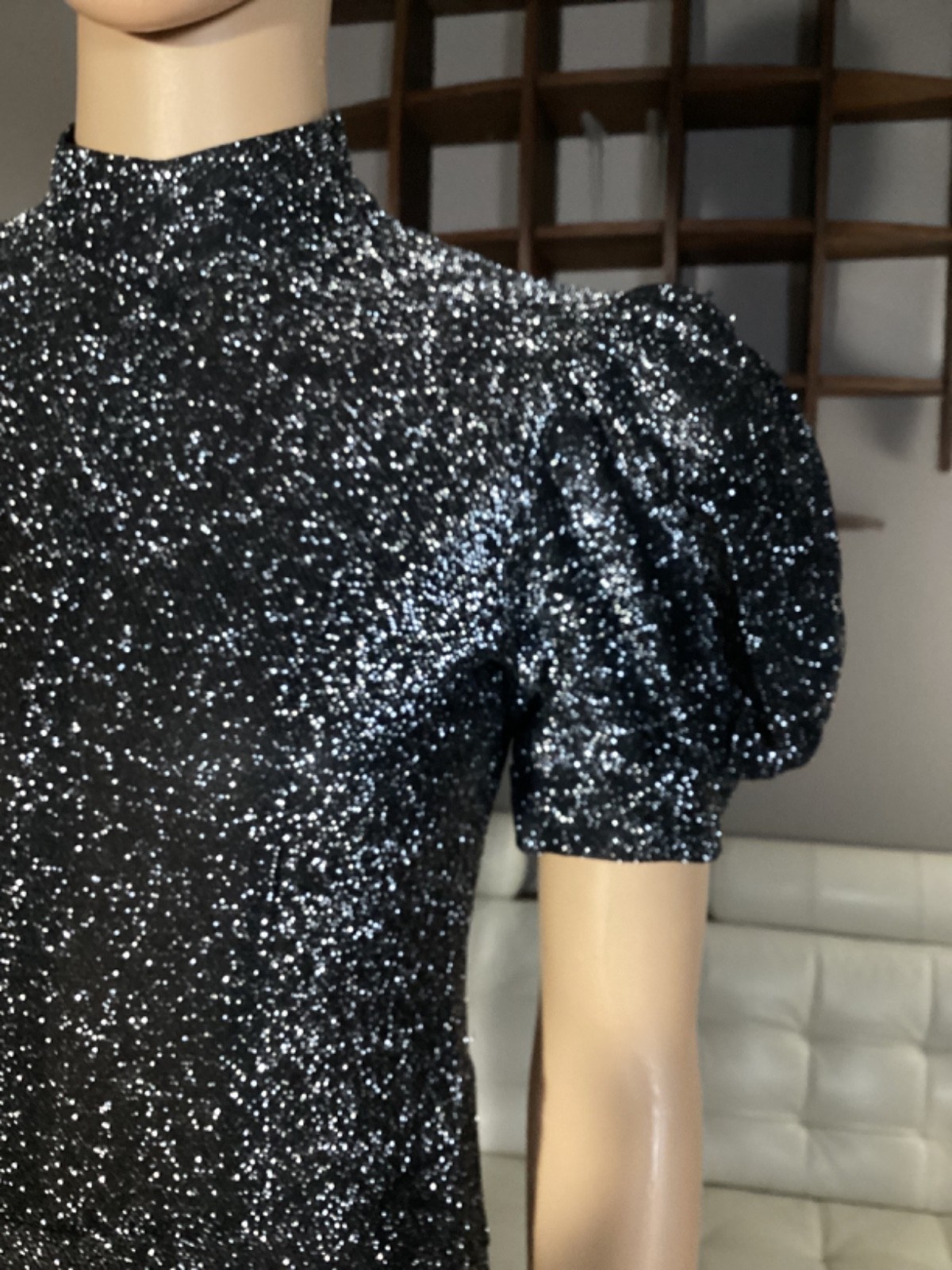 Vintage 70&rsquo;s 80s Silver Metallic Black Disco Body Body Suit Puff Sleeves